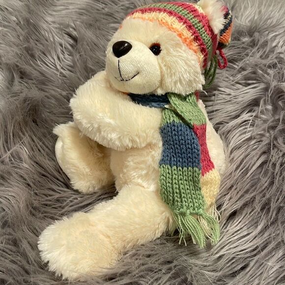 Aurora White Teddy Bear Hugging Hat Scarf Plush Stuffed Animal 14" Polar Winter - Picture 2 of 4
